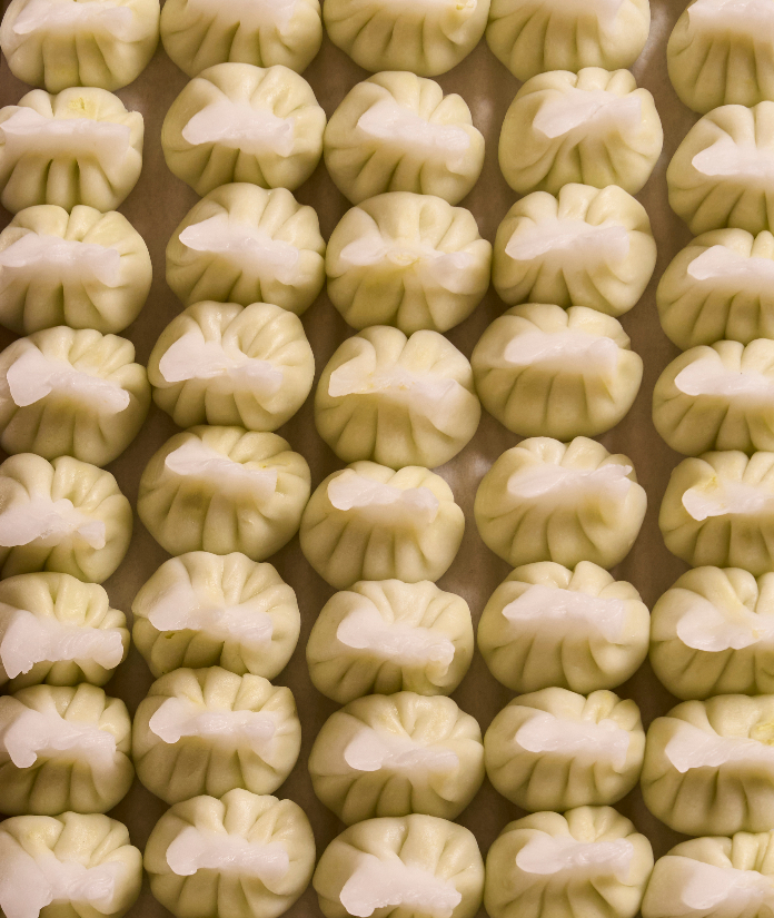 Rows of freshly pleated dumplings arranged in neat lines on a floured tray, ready to be cooked.