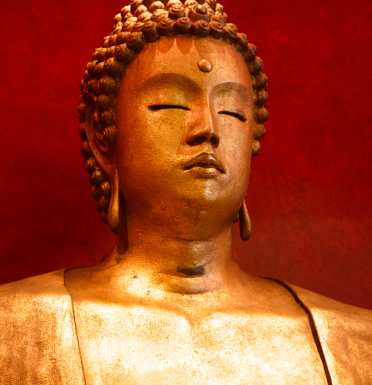 Close-up of a gilded Buddha statue with serene, downcast eyes against a deep red background.